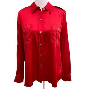Talbots Silk Button Up Blouse Top Red Career Preppy Petite 14